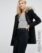 Asos Petite Wool Blend Faux Fur Hooded Duffle Coat - Black