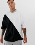 Asos Design Oversized Longline T-shirt With Diagonal Color Block And Tipping-white