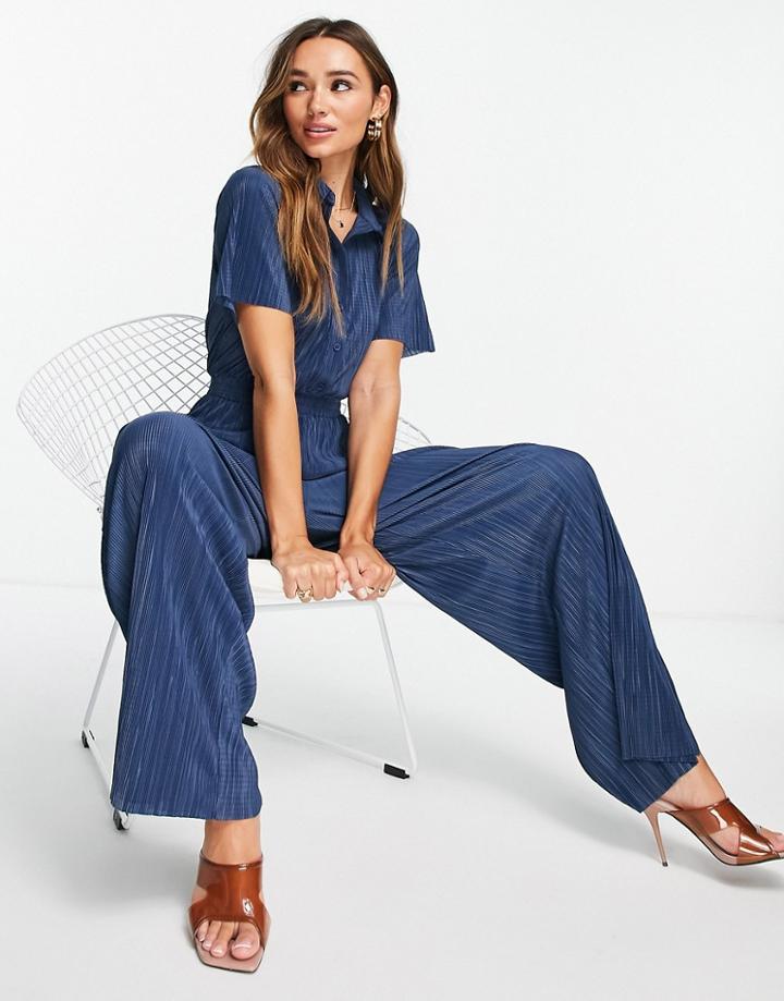 Asos Design Collared Plisse Jumpsuit In Indigo-blues
