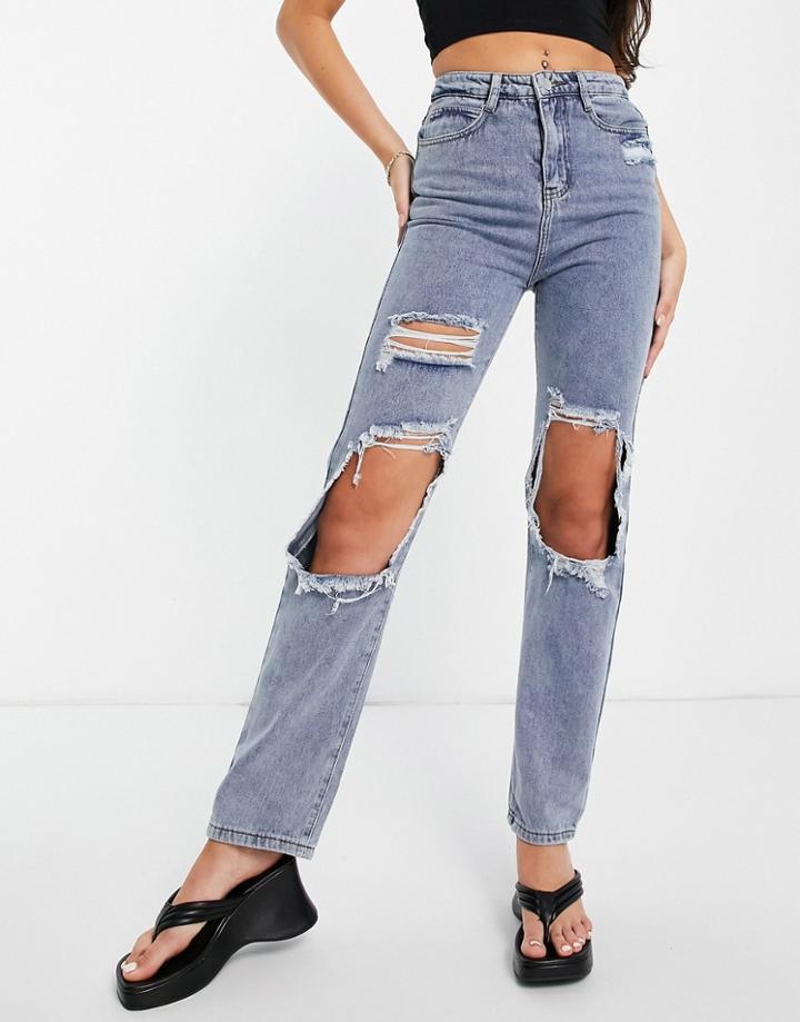 In The Style X Olivia Bowen Distressed Denim Straight Leg Jean In Washed Blue