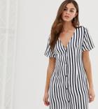 Prettylittlething Button Through Mini Dress In Black And White Stripe - Stone