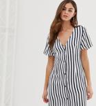 Prettylittlething Button Through Mini Dress In Black And White Stripe - Stone