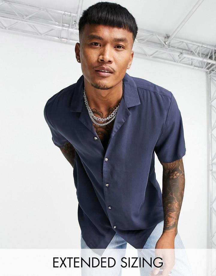 Asos Design Relaxed Viscose Shirt With Revere Collar In Navy