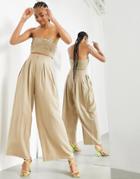 Asos Edition Pleat Front Wide Leg Pants In Taupe-neutral