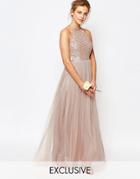 Maya High Neck Maxi Tulle Dress With Tonal Delicate Sequins - Mink
