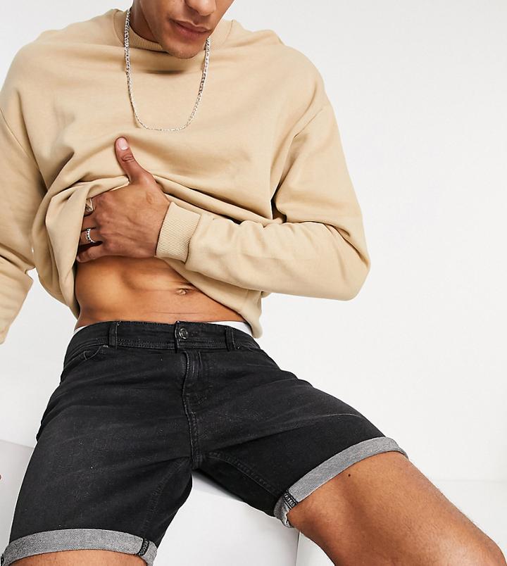 Dtt Tall Slim Fit Denim Shorts In Washed Black