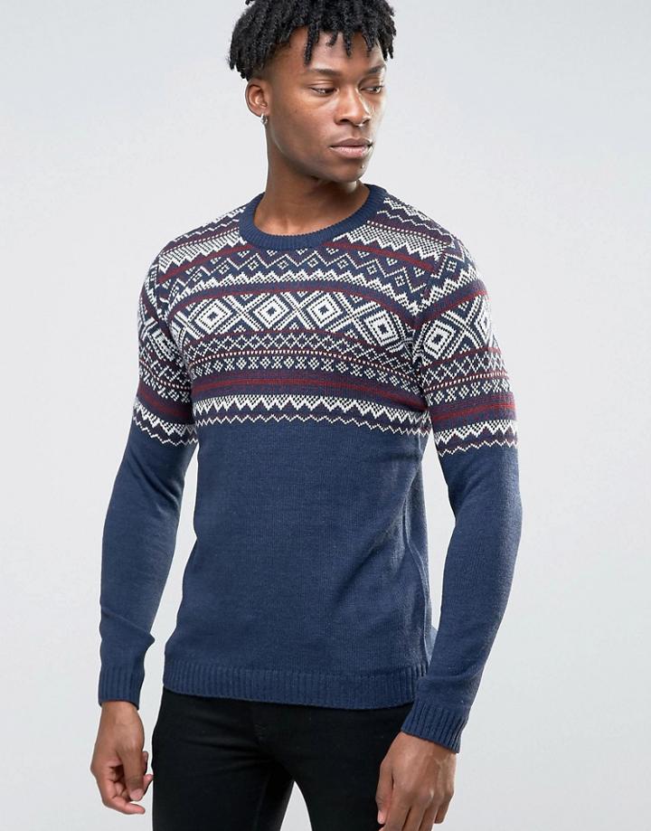 Pull & Bear Fair Isle Sweater In Navy - Navy