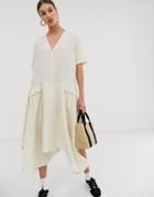 Ghospell Oversized Minimal Midi Dress With Utility Pockets - Cream