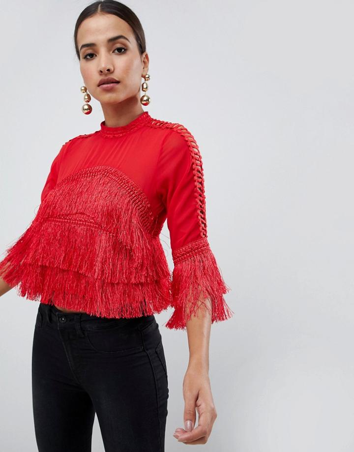 Ax Paris Crop Frill Blouse - Red