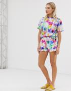 Monki Shorts With Drawstring Detail In Rainbow Tie Dye - Multi