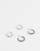 Asos Design Pack Of 2 20mm Hoop Earrings In Burnished Twist Design In Silver Tone