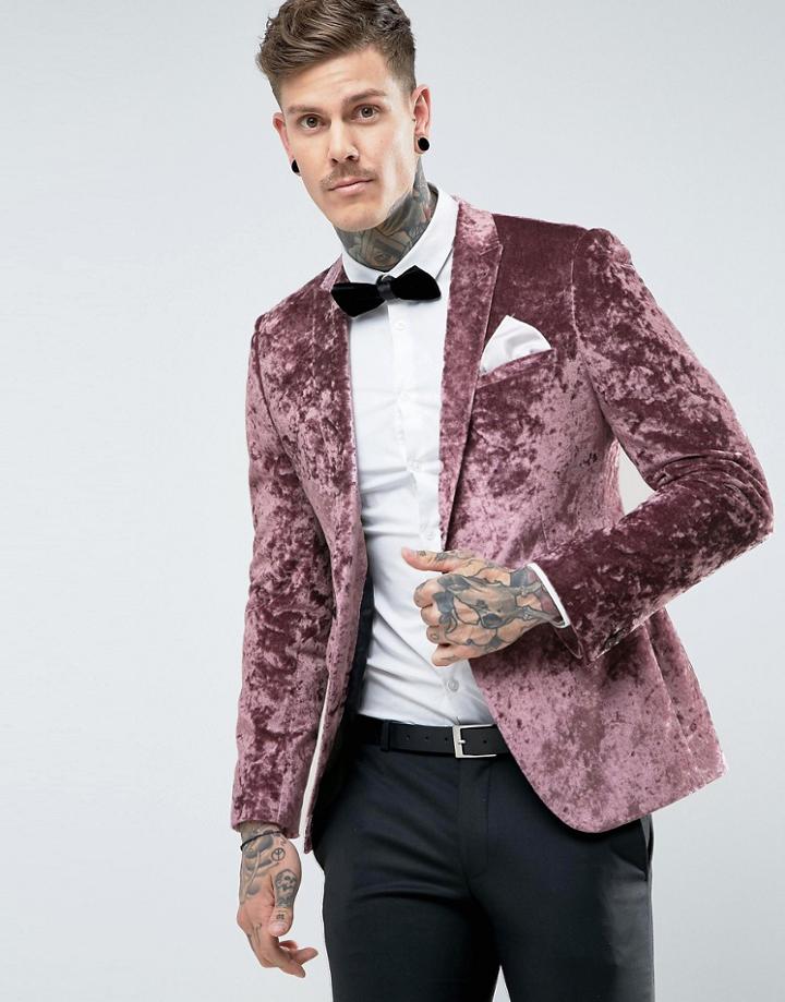 Asos Skinny Blazer In Purple Crushed Velvet - Purple