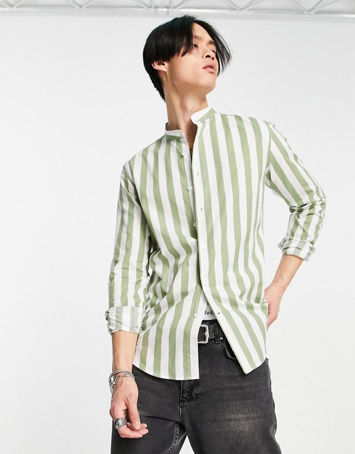 Devils Advocate Stripe Shirt With Grandad Collar In Green