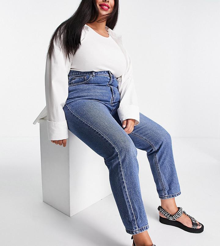 Dtt Plus Emma Super High Waist Mom Jeans In Mid Wash Blue-blues