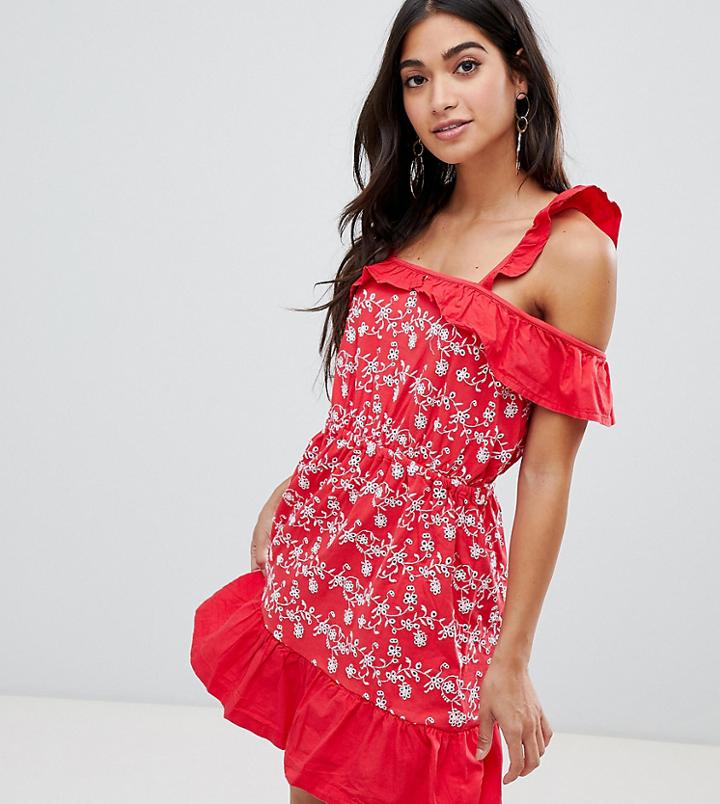 Asos Petite Ruffle Cold Shoulder Broderie Sundress-red