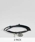 Asos Design 2 Pack Woven Bracelets With Cross And Coin - Black