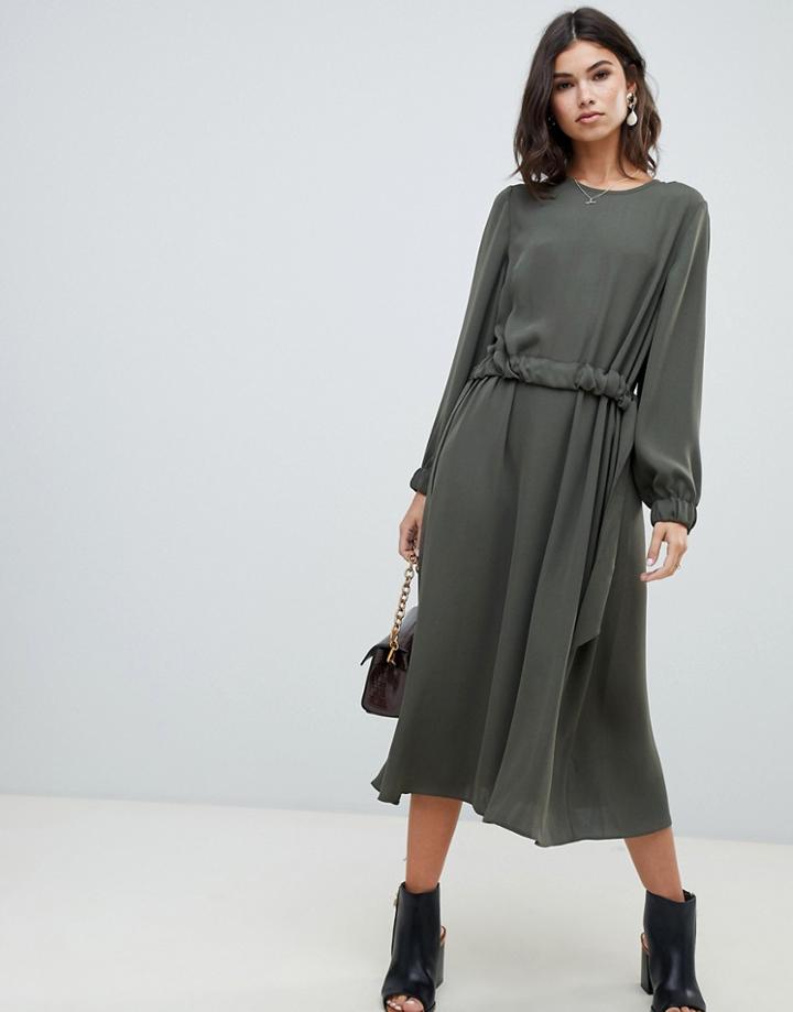 Asos Design Ruched Waist Chuck On Midi Dress - Green
