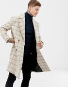 Asos Design Wool Mix Overcoat In Window Pane Check - Tan