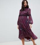 Hope & Ivy Maternity Long Sleeve Open Back Midi Dress With Crochet Trim In Bird Print - Multi