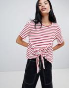 Pull & Bear Tie Front T-shirt In Red Stripe - Red