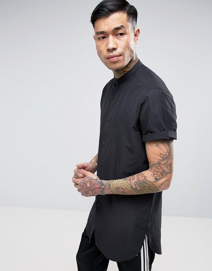 Asos Regular Fit Super Longline Shirt With Grandad Collar In Black - Black