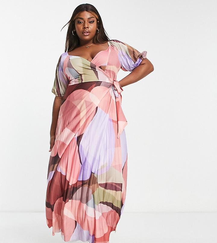 Asos Design Curve Polyester Puff Sleeve Gathered Front Maxi Dress In Abstract Print-multi