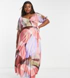 Asos Design Curve Polyester Puff Sleeve Gathered Front Maxi Dress In Abstract Print-multi