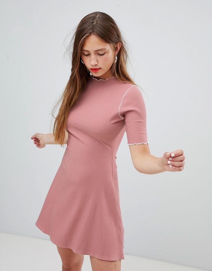 Asos Design Chunky Rib Mini Skater Dress With Baby Overlock - Pink