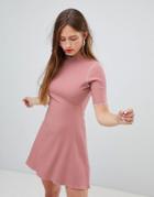 Asos Design Chunky Rib Mini Skater Dress With Baby Overlock - Pink