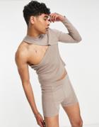 Asos Design Long Sleeve Muscle T-shirt With One Shoulder In Brown - Part Of A Set