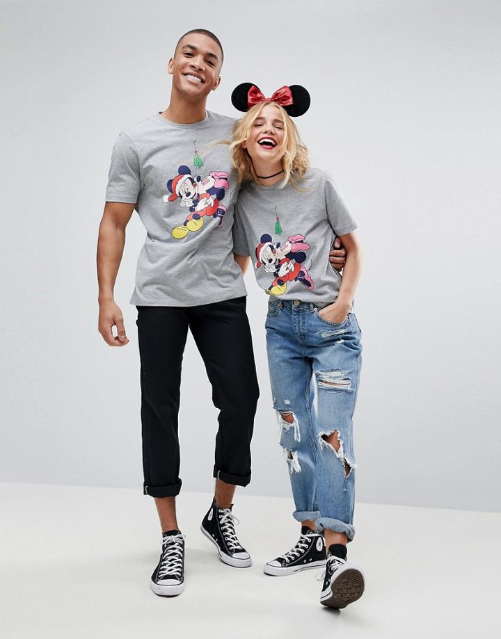 Asos Holidays T-shirt With Minnie And Micky Mouse Print - Gray