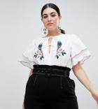 Fashion Union Plus Tie Neck Blouse With Layered Sleeves And Parrot Embroidery - White