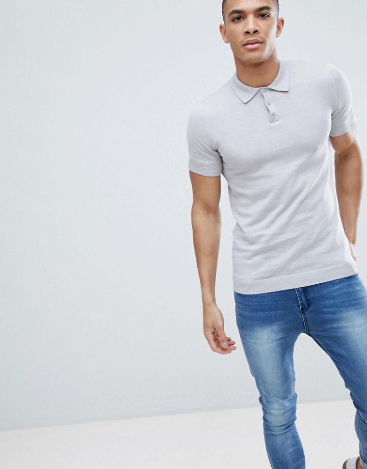 Asos Design Knitted Muscle Fit Polo In Pale Gray - Gray