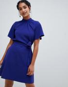 Closet London High Neck Short Sleeve Belted Dress - Purple