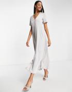 Vila V Neck Maxi Dress With Flutter Sleeves In Silver