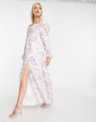 In The Style X Elle Darby Volume Sleeve Shirred Bust Detail Maxi Dress With Thigh Split In Floral Multi