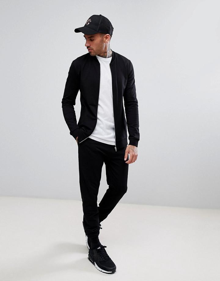 Asos Tracksuit Muscle Bomber/skinny Joggers In Black - Black