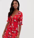 Parisian Tall Tie Front Skater Dress In Red Floral - Red