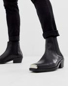Asos Design Stacked Heel Western Chelsea Boots In Black Leather With Metal Hardware