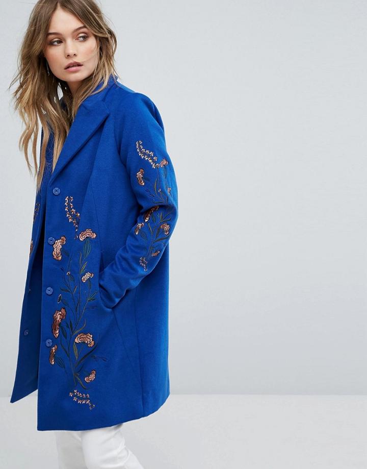 Y.a.s Floral Embroidered Coat - Blue