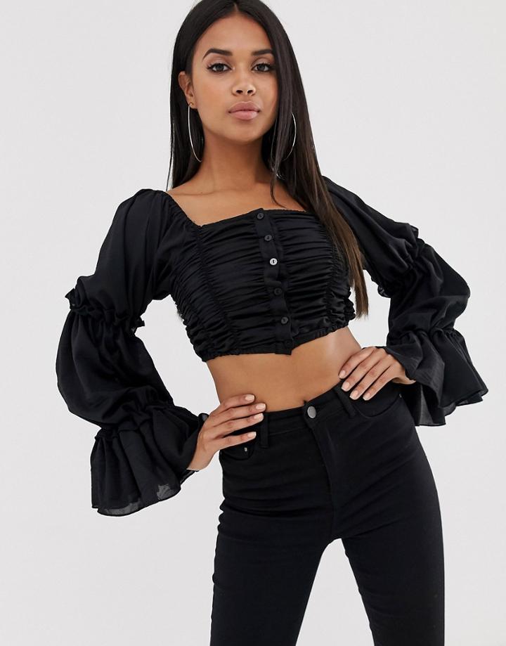 Club L Square Neck Pleated Ruffle Top In Black