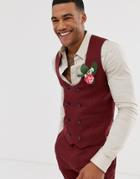 Asos Design Wedding Super Skinny Suit Suit Vest In Micro Texture Burgundy - Red