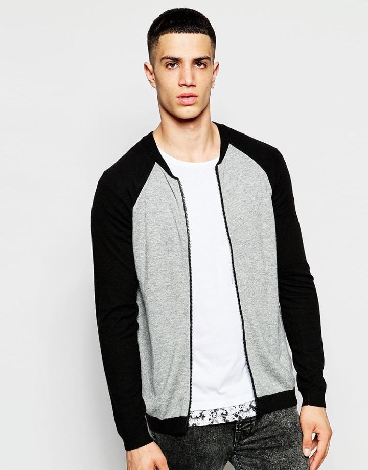Asos Knitted Bomber Jacket In Merino Wool Mix - Light Grey And Black