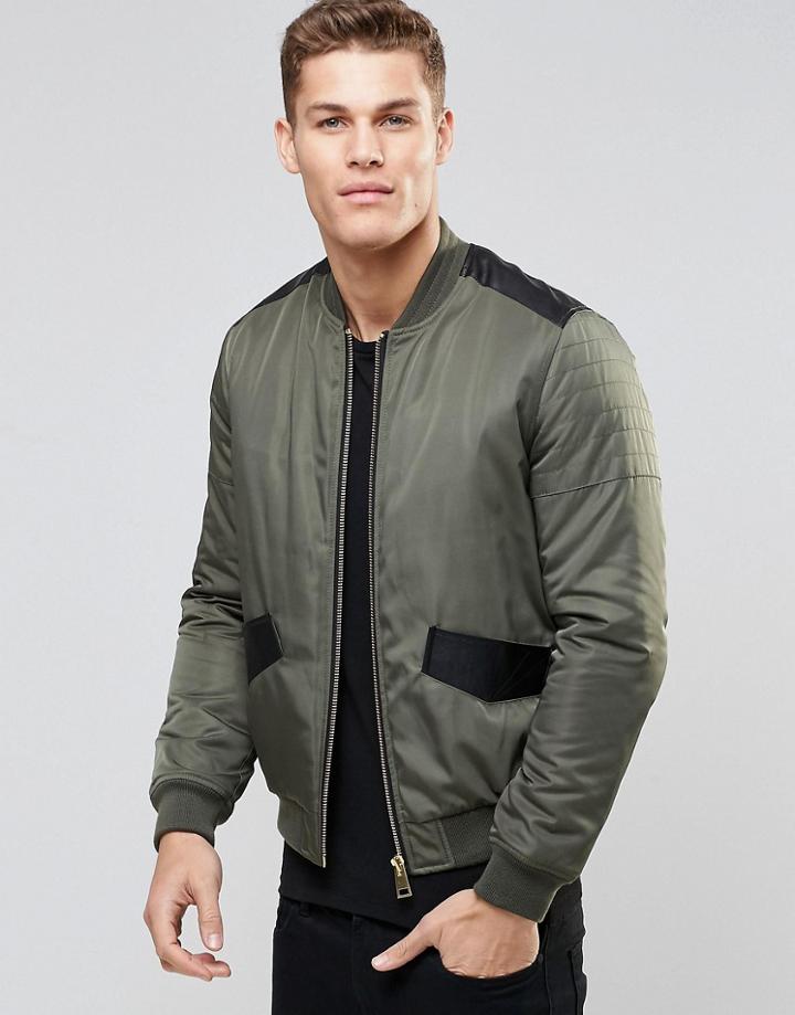 Asos Bomber Jacket With Faux Leather Detailling In Khaki - Khaki