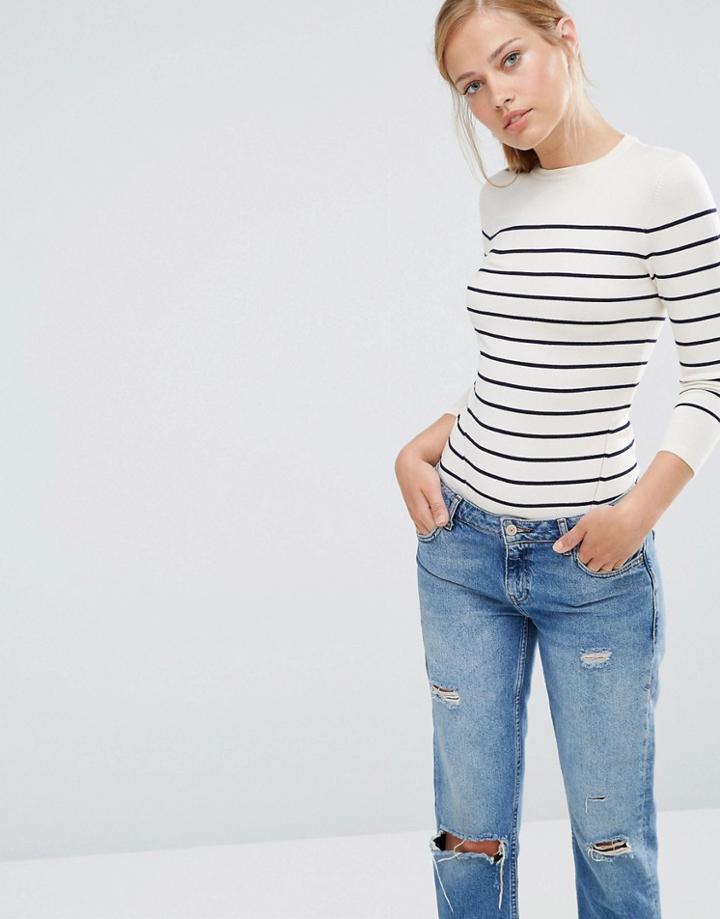 Warehouse Bretton Stripe Crew Sweater - Cream And Navy