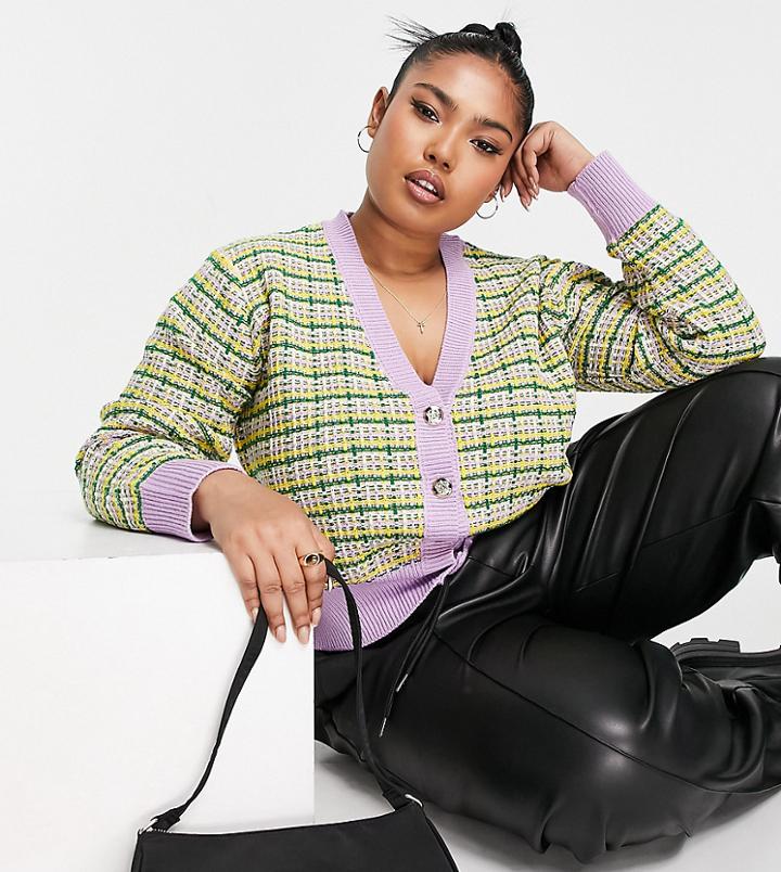 Pieces Curve Exclusive Cardigan In Lilac Check-multi