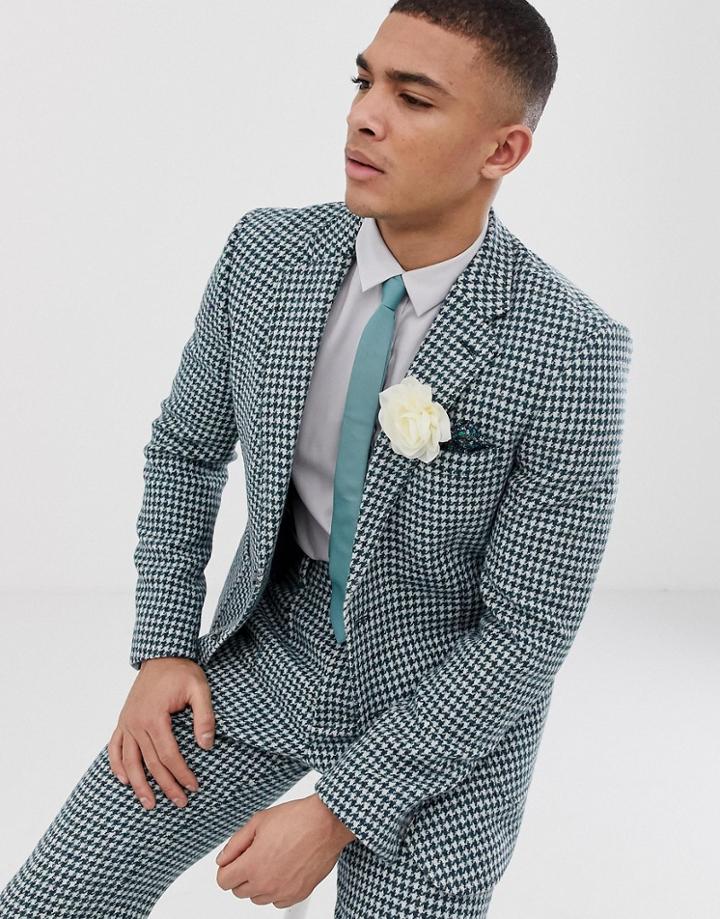 Asos Design Slim Harris Tweed Suit Jacket In Teal And White Houndstooth - Green