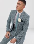 Asos Design Slim Harris Tweed Suit Jacket In Teal And White Houndstooth - Green