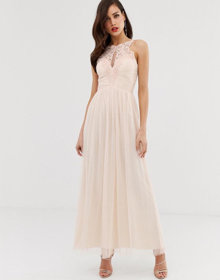 Little Mistress Tulle Maxi Dress With Lace Detail-pink