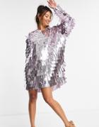 Asos Edition Mini Batwing Dress In Sequin Fringe In Lilac-purple